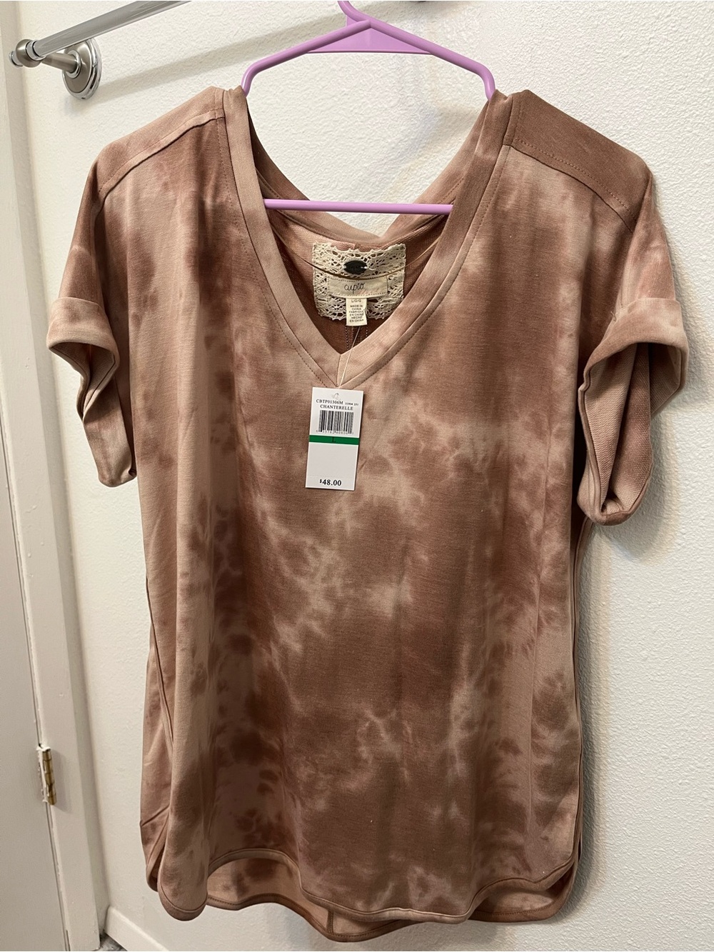 Cupio Taupe Brown Tie-Dye V-Neck Short Sleeve Tee